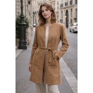 HM Long Coat Womens 4 Camel Faux‎ Suede Open Front Belted Minimalist
